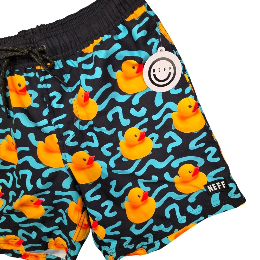 Rubber Ducky Print Swim Trunks Black Teal Yellow Mens Medium Neff